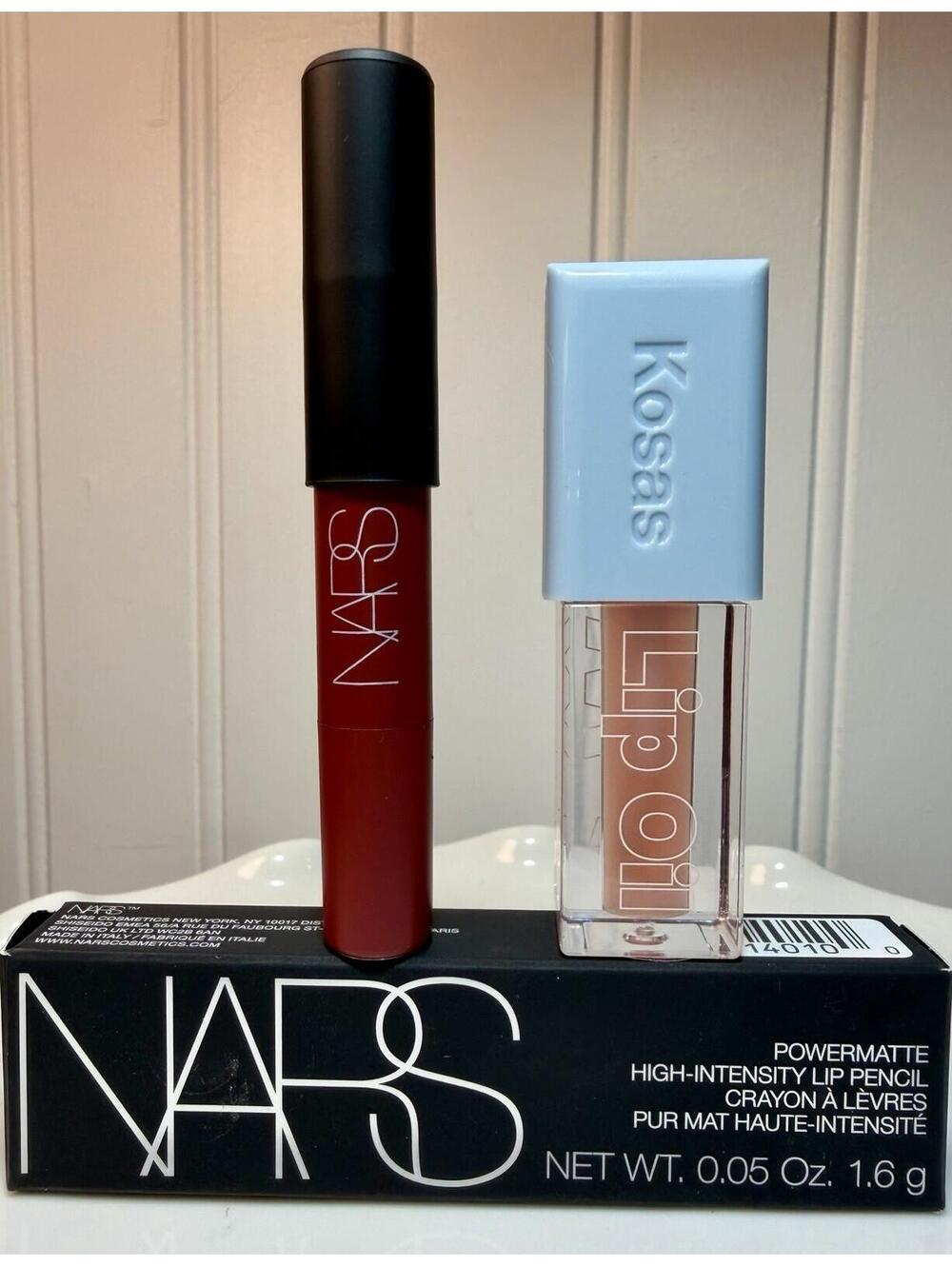 NARS Cruella Lip Pencil Kosas Wet Lip Oil Makeup Bundle Red Nude Lip Set